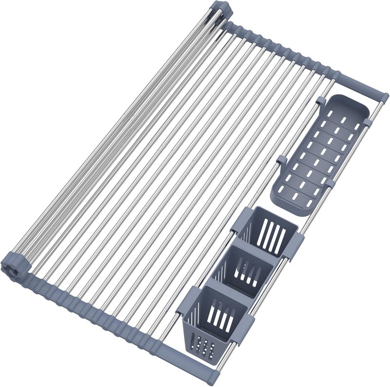 BBXTYLY Extra Large Expandable Roll Up Dish Drying Rack Up to 22.8''with 2 Storage Baskets,Over The Sink Kitchen Rolling up Dish Drainer Dish Drying Rack in Sink, Foldable,Rollable,for Kitchen Dishes,Fruits - Image 1